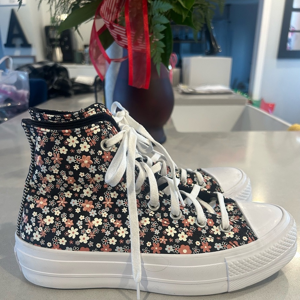 Converse High Top Sneakers Black with White and Pink Floral Print